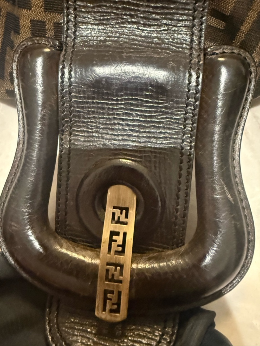 Fendi Tobacco Zucca canvas "B Buckle" hobo bag featuring brown leather i. EUC - Picture 9 of 12